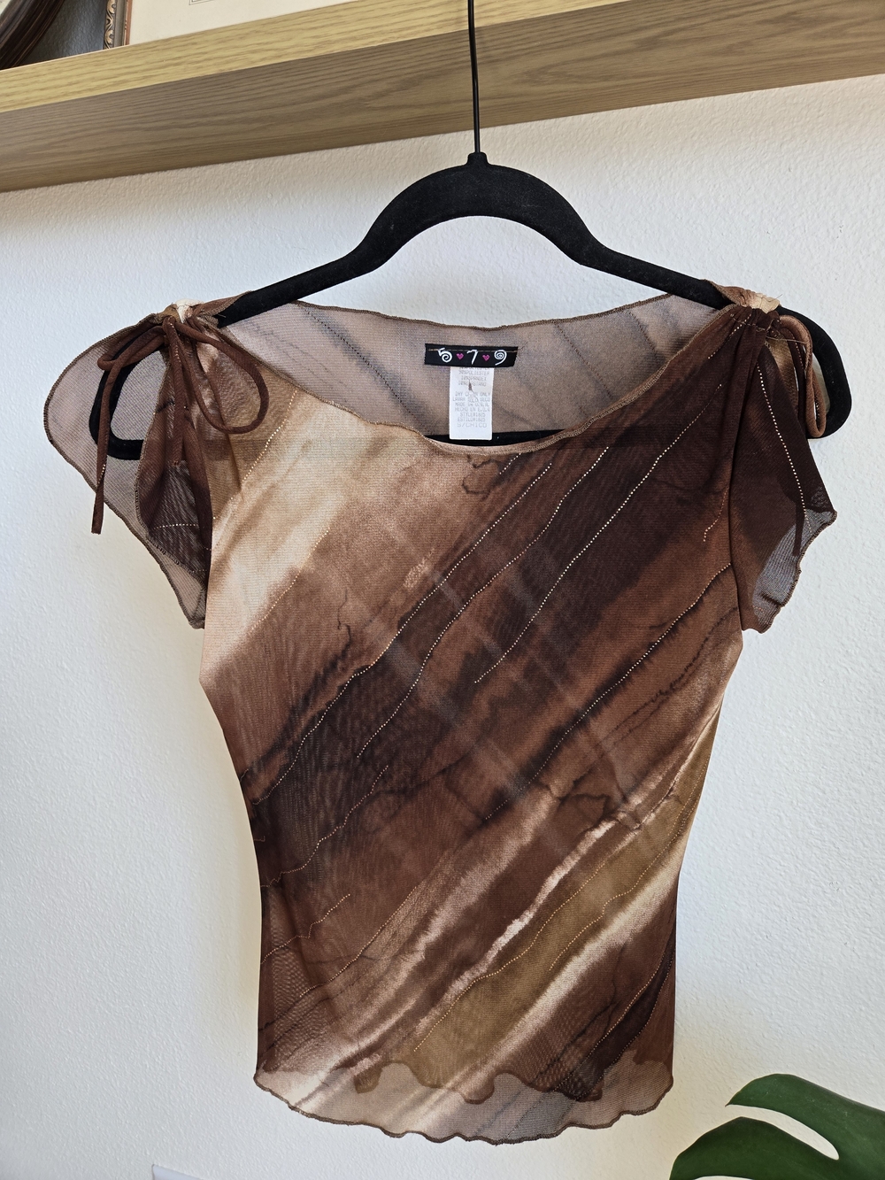 Y2K | 90's Brown Tie-Dye Sheer Tank Top with Shoulder Ties | Size Small